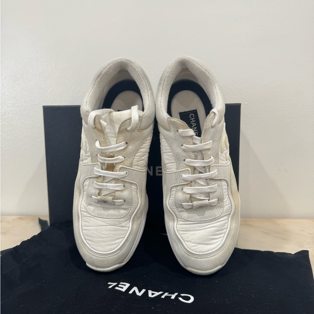 Chanel CC off white fabric sneakers